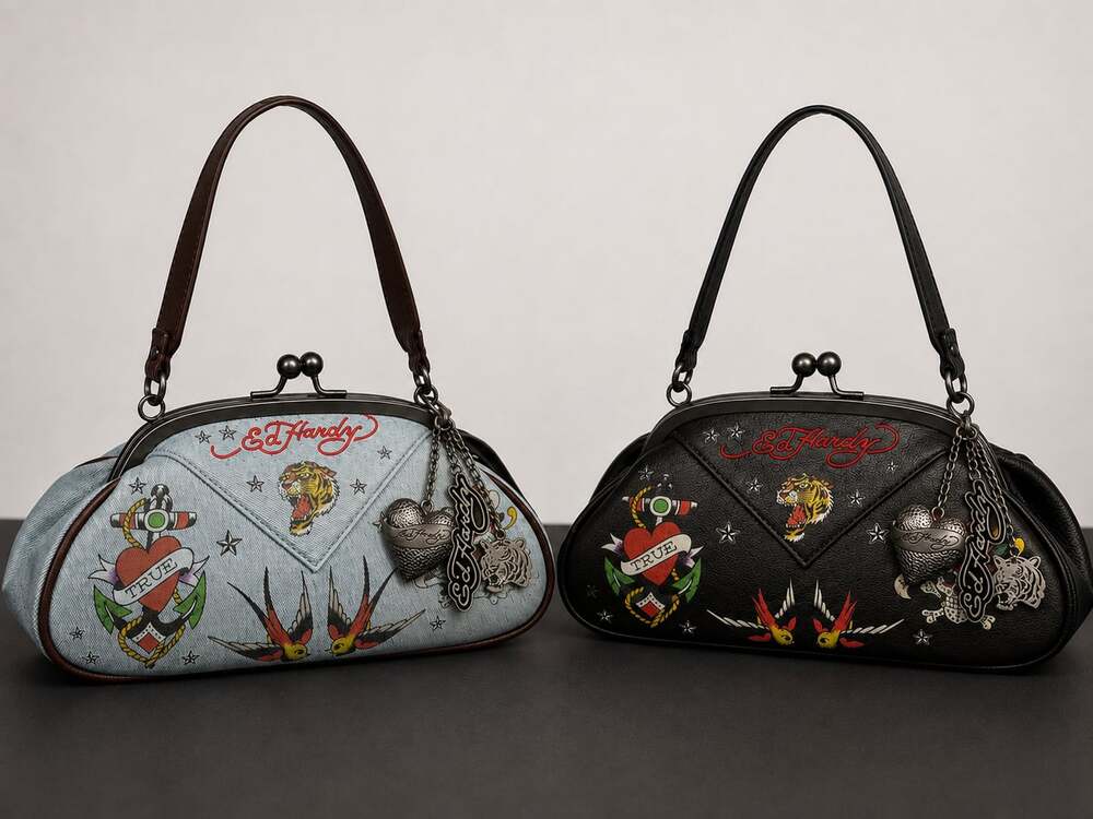 Set NWT Ed Hardy Tattoo Print Kiss Lock Shoulder Bag Purse With Heart & Tiger Ch